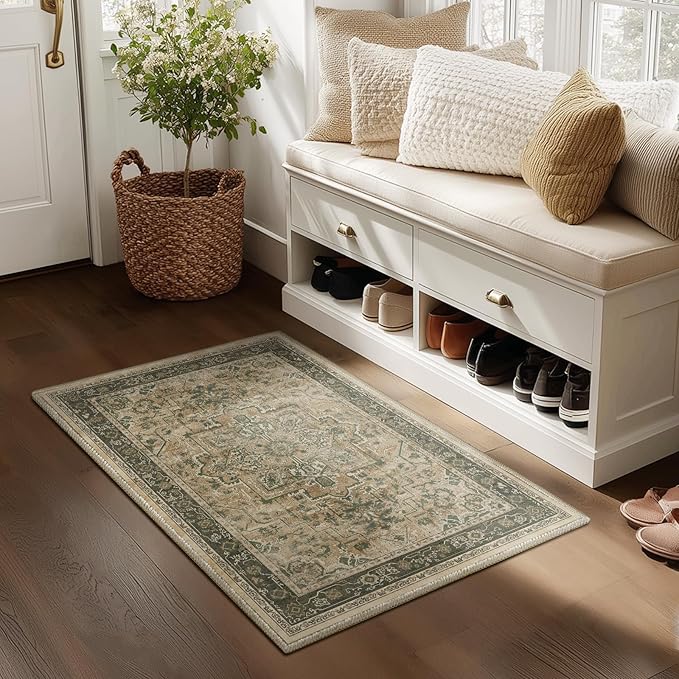 Vintage Distressed 2x3 Kitchen Rugs Washable Non Slip, Moody Medallion Door Mat Indoor Entrance Entryway, Small Low Pile Rugs for Bedroom/Bathroom Vanity/Laundry Room, Multi Brown/Slate Green