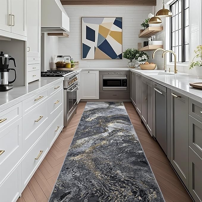 Abstract 2x8 Runner Rug: Modern Washable Rug for Entryway Hallway Bedside Kitchen Indoor - Non Slip Thin Low Pile - Black Gold