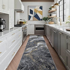 Abstract 2x10 Runner Rug: Modern Washable Rug for Entryway Hallway Bedside Kitchen Indoor - Non Slip Thin Low Pile - Black Gold