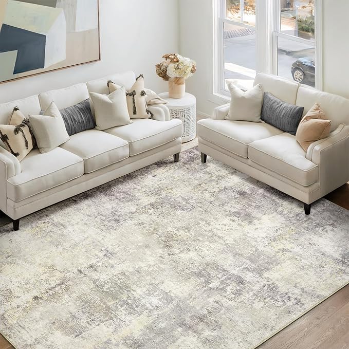 Washable Area Rug 5x7 - Neutral Modern Abstract Rugs, Soft Non Slip Thin Carpet with for Bedroom, Under Dining Room Table, Home, Office, Dorm, Office Rolling Chair - Brown Grey