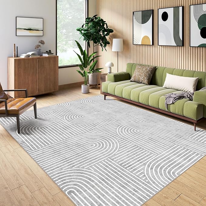 6x9 Area Rug - Large Abstract Washable Non-Slip Grey Living Room Rug Rainbow Low-Pile Floor Carpet Soft Modern Accent Rugs for Bedroom Dining Room Office Classroom Nursery