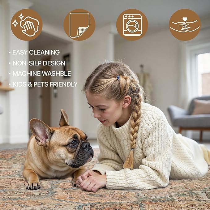 Bavni Kitchen Rug 2x8 Runner Rugs for Hallways Entryway, Washable Vintage Print Carpet, Ultra-Thin Chenille Low Pile Lightweight Rug with Non Slip Backing, Clay