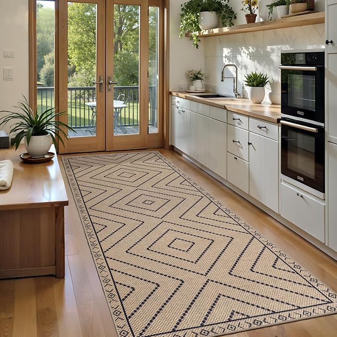 Tangsoo Easy Jute Rug 2.6x8 Washable Runner Rug for Hallways,Neutral Geometric Ultra Thin Indoor Carpet Runner Farmhouse Long Rnner Mat for Kitchen Entryway Laundry
