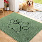 OLANLY Dog Door Mat for Muddy Paws 40x32, Paw Print Design, Absorbs Moisture and Dirt, Absorbent Non-Slip Washable Doormat, Quick Dry Chenille Mud Mat, Entry Indoor Entryway Carpet, Olive Green