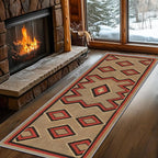 Brown Base Red Black Diamond Runner Rug, 3x8ft Zigzag Pattern Hallway Runner Rug, Corridor & Foyer High-Traffic Area Rugs, Durable Flannel Carpet Non-Slip Mat, Southwestern Home Decor