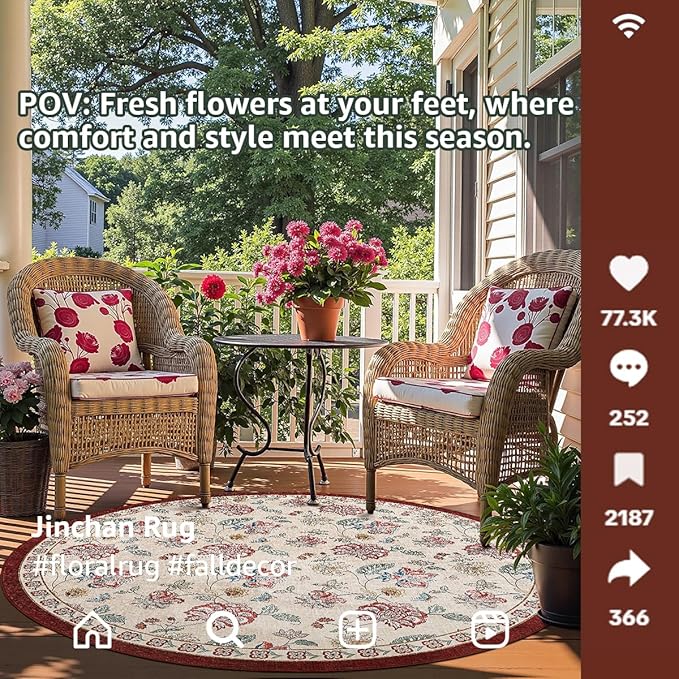 jinchan Elora 5ft Floral Round Rug for Entryway Washable Kitchen Rug Vintage Romance Design Non Slip Indoor Doormat Lightweight Low-Profile Throw Carpet for Living Room Dining Room Bedroom, Red/Beige