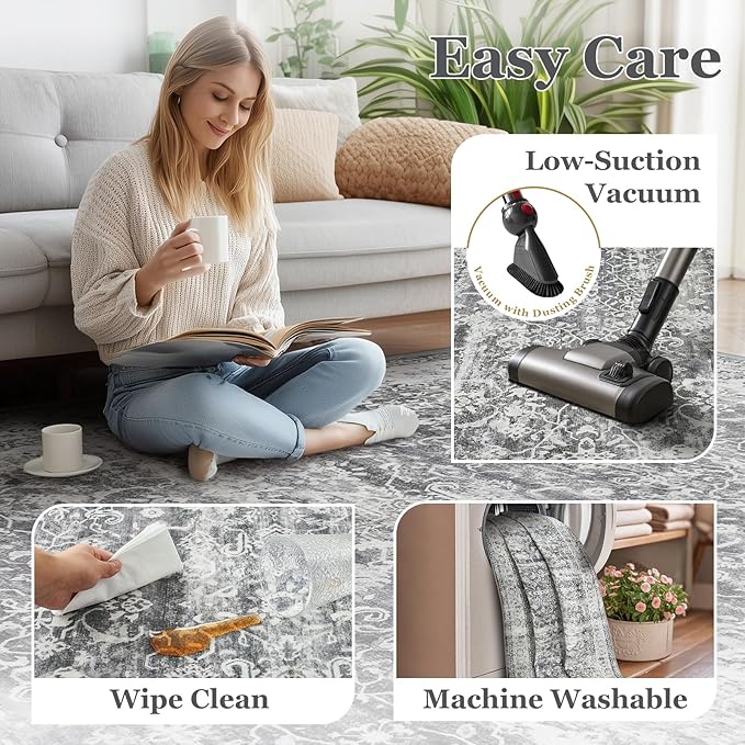 Grey 2x6 Runner Rug for Hallways Entryway, Vintage Neutral Kitchen Bathroom Runner 6ft, Non Slip Washable Low Pile Thin Carpet Runner for Mudroom/Laundry Room/Bedroom Bedside