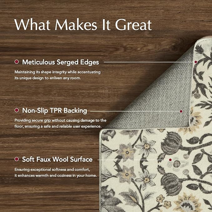 EVERGRACE Area Rugs for Entryway 2x3, Boho Floral Faux Wool Indoor Outdoor Small Rugs, Washable Rugs for Bedroom Bathroom Laundry Doormat, Low Pile Floor Mat Carpet for Home Decor, Gray