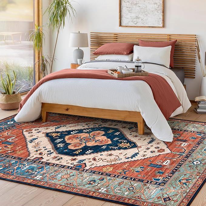 Lahome 8 x 10 Area Rugs for Living Room - Boho Washable Non-Slip Backing Large Rug Ultra-Thin Stain Resistant Dining Room Rugs for Under Table, Oriental Print Carpet Rugs for Bedroom (Rust, 8'x10')