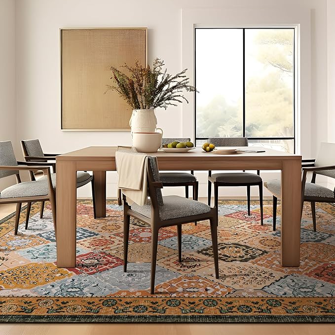 Phantoscope Washable Area Rug 8'x10' Non-Slip, Vintage Boho Rugs for Living Room, Bedroom, Dining Room, Distressed Moroccan Mosaic Diamond Pattern, Low-Pile Foldable Floor Carpet, Terracotta/Rust