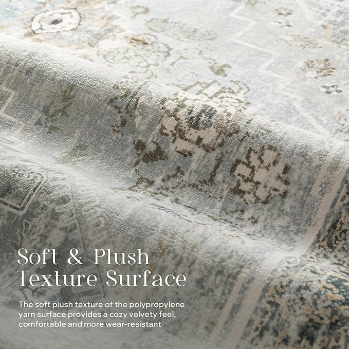 Phantoscope Washable Area Rug 8'x10' Non-Slip, Vintage Neutral Rugs for Living Room, Bedroom, Dining Room, Distressed Boho Medallion Pattern, Low-Pile Foldable Floor Carpet, Silver Grey/Taupe