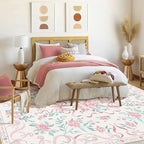 Pink Rug Bow Floral 8x10 Rug, Washable Area Rugs for Bedroom Living Room, Dining Room,Kids Room, Office,Playroom, Boho Modern Aesthetic Farmhouse Decor Non Slip Low Pile Carpet