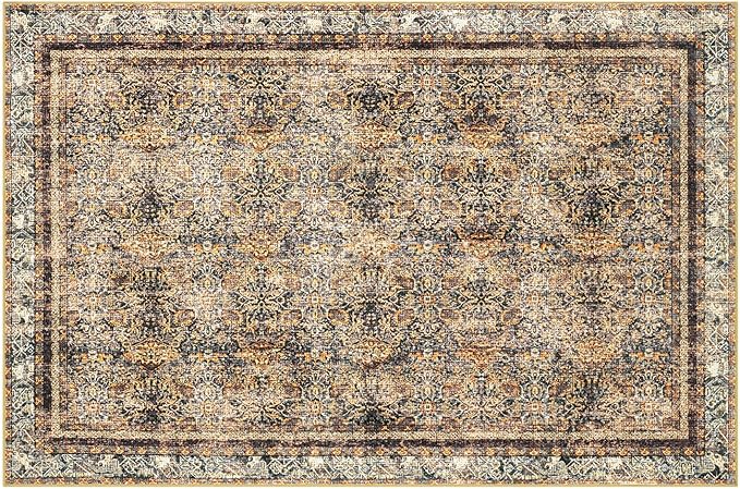 Phantoscope Washable Area Rug 6'x9' Non-Slip, Vintage Neutral Rugs for Living Room, Bedroom, Dining Room, Distressed Boho Floral Medallion Pattern, Low-Pile Foldable Carpet, Brown/Charcoal Spice
