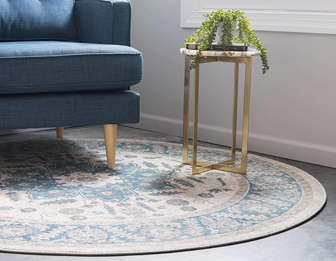 Unique Loom Salzburg Collection Classic Traditional Design Oriental Inspired Border Area Rug (8' 0 x 8' 0 Round, Beige/Blue)