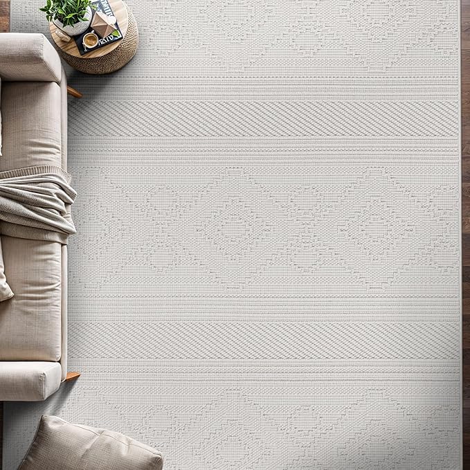 Beverly Rug Micro Loop Area Rug White 5x7 Modern Luxury Soft Boho Geometric Durable Indoor Area Rugs for Living Dining Room Office Stain Resistant Non Shedding Casual Indoor Carpet White 5 x 7