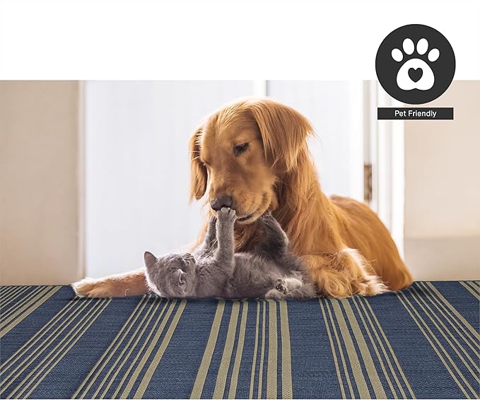 FH Home Outdoor Rug - Waterproof Easy to Clean Stain Resistant - Patio Indoor Outdoor Porch Deck Balcony Entryway - Striped Coastal - Newport - Blue - 5ft 2in x 7ft 6in