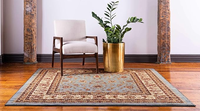 Unique Loom Voyage Collection Traditional Oriental Classic Intricate Design Area Rug (8' 0 x 8' 0 Square, Light Blue/Gold)