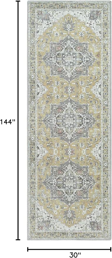 Bloom Rugs Washable Non-Slip 12 ft Runner - Yellow Traditional Medallion Runner for Entryway, Hallway, Bathroom, and Kitchen - Exact Size: 2.5' x 12'