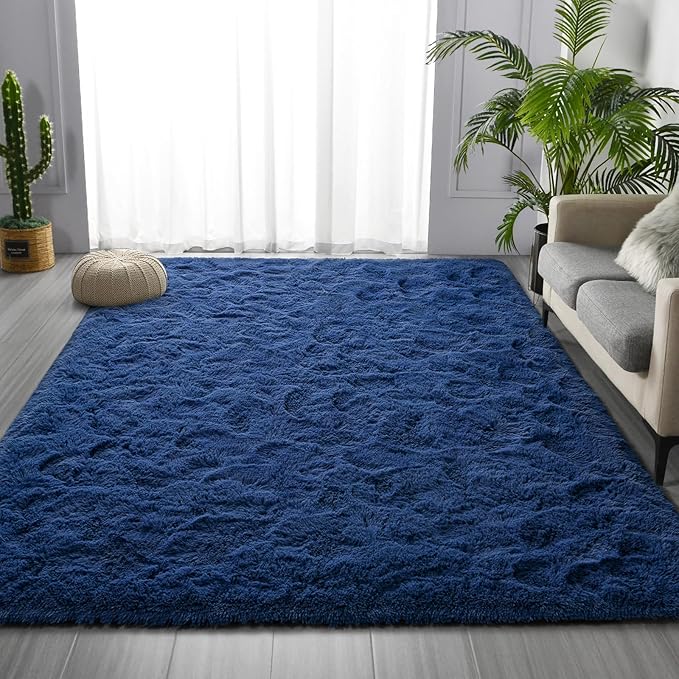 Shag Area Rug, 4 X 6 Plush Fuzzy Rugs for Living Room, Ultra Soft Fluffy Furry Rug for Bedroom, Indoor Carpet Nursery Rugs for Kids Room Home Decor, Navy Blue