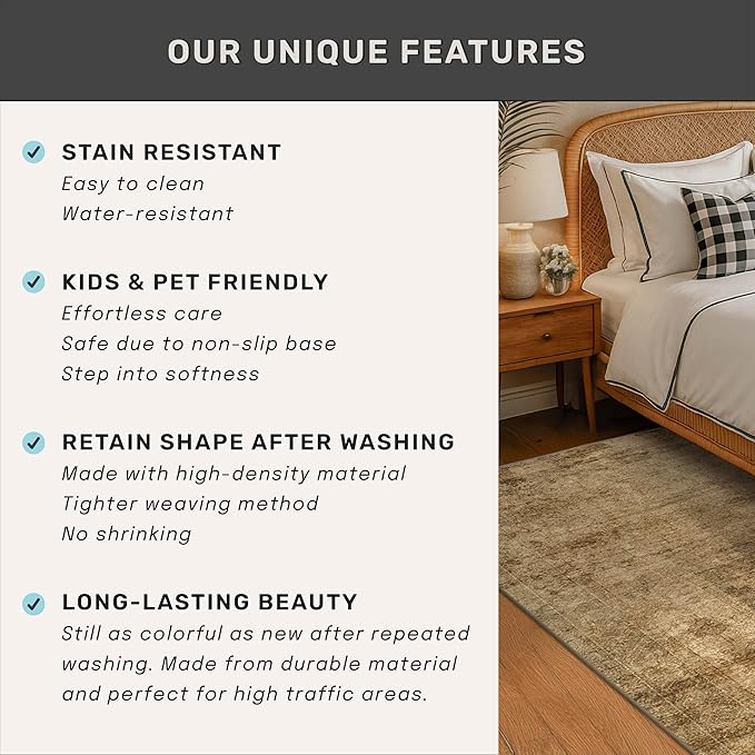 Large Entryway Rug Washable - 5x8 Brown and Mustard Yellow Rug for Mudroom, Foyer, Hall, Living Room, Washable Low Pile Stain Resistent