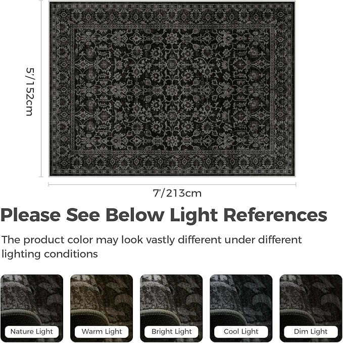 LIVEBOX Washable Area Rug 5x7 - Large Black Boho Living Room Rug Vintage Rugs for Bedroom, Lightweight Retro Carpet Floral Accent Rugs for Dining Room High Traffic Area