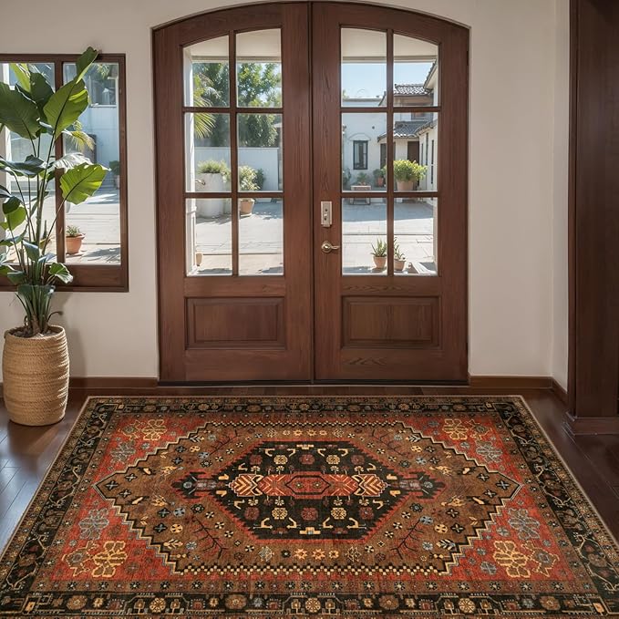 Ciicool 3x5 Area Rug, Washable Red Boho Rugs for Bedroom Non-Slip Indoor Rugs Large Low-Pile Mat Floor Carpet Vintage Rug for Kitchen Living Room Office Dinning Foyer Decor