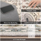 Washable 4x6 Rugs for Living Room, Boho Non-Slip Vintage Distress Small Rugs for Bedroom Nursery Office, 0.3" Neutral Oriental Throw Thin Carpet with Cushioning Pad, Beige/Rust/Green/Multi