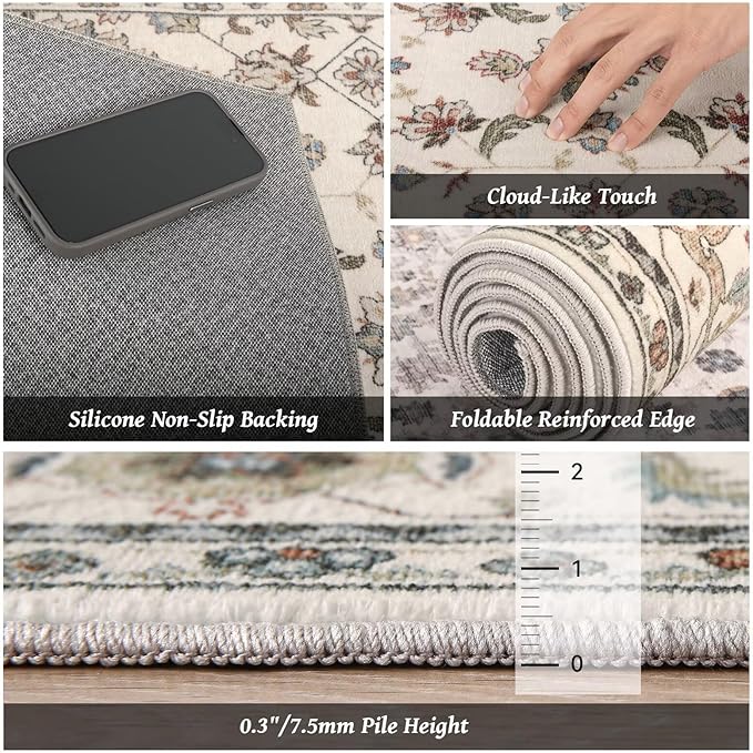 Washable 8x10 Area Rugs for Living Room, Boho Non-Slip Vintage Distress Large Rugs for Bedroom Dining Room Nursery Office, 0.3" Neutral Oriental Throw Thin Carpet, Beige/Rust/Green/Multi