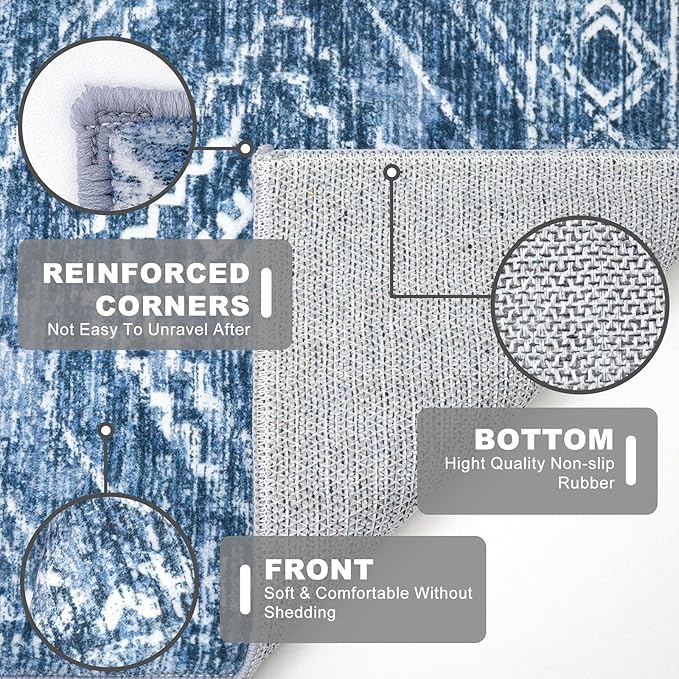 KILOCOCO Living Room Rug 6x9 Area Rug Printed Boho Washable Bedroom Rugs Non Slip Soft Large Moroccan Indoor Rugs for Dining Room Office Farmhouse Geometric Carpet, Stonewashed Blue