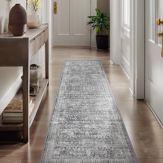Grey 2x6 Runner Rug for Hallways Entryway, Vintage Neutral Kitchen Bathroom Runner 6ft, Non Slip Washable Low Pile Thin Carpet Runner for Mudroom/Laundry Room/Bedroom Bedside