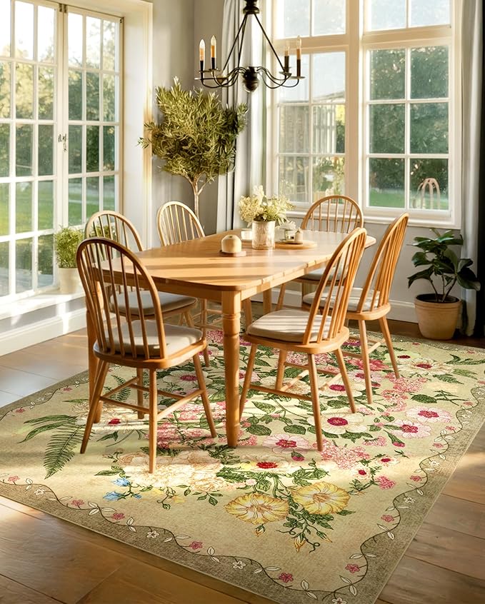 Floral Washable 5x7 Area Rugs - Living Room Rug Non Slip Low Pile Stain Resistant Carpets Indoor Vintage Flower Print Rug for Bedroom Dining Room Kitchen Home Office, Brown