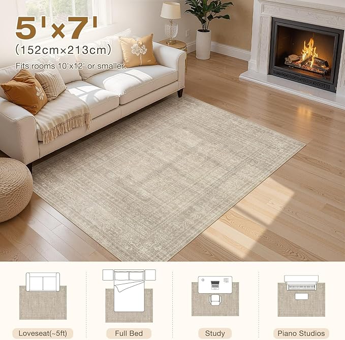 5x7 Area Rugs Living Room: Washable Large Vintage Rug Neutral Non-Slip Soft Stain Resistant Indoor Carpet for Bedroom Nursery Dining Room Under Table Bed Home House Office Playroom - Brown