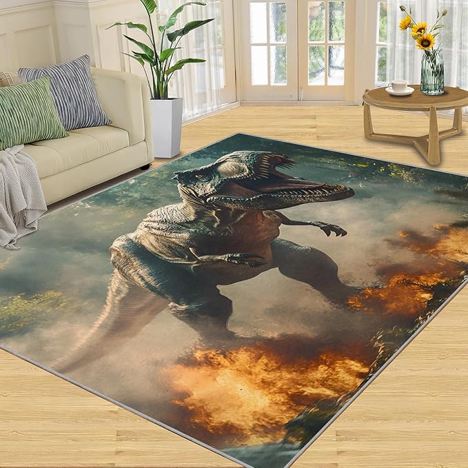 Dinosaurs Rugs for Bedroom - 2x3 Area Rug - Flame Dinosaurs Rugs for Living Room, Forest Landscape Rug, Washable Home Decor Carpet