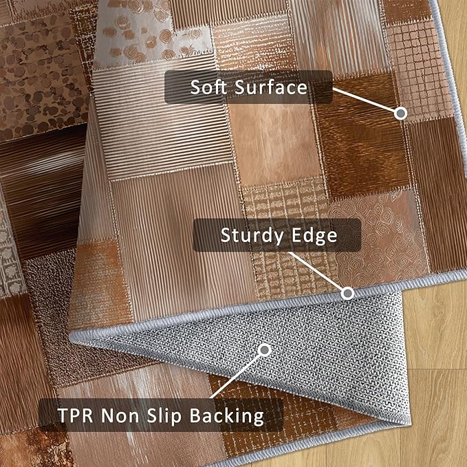 Patchwork Rug, Washable 6x9 Rug for Living Room, Geometric Brown Patterned Indoor Carpet, Patchwork Decor for Home, Bedroom, Soft Non Slip Thin Design FER11
