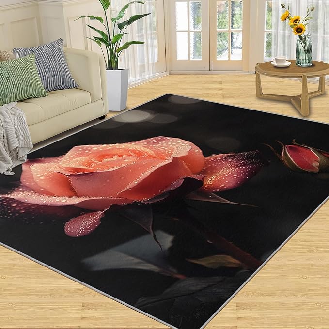 6x9 Florals Living Room Rug - Natural Flowers Bedroom Carpet, Realistic Rose Classroom Rug for Carpet Boy Bedroom Office Nursery Hardwood Home Decor