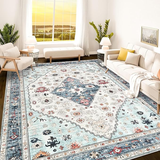 Istana Rugs 8x10 - White Cream/Blue Area Rug - Foldable Stain Resistant Bedroom 8x10 Area Rugs - Washable Rug - 8 x 10 Area Rugs for Living Room - Eco-Friendly Area Carpet