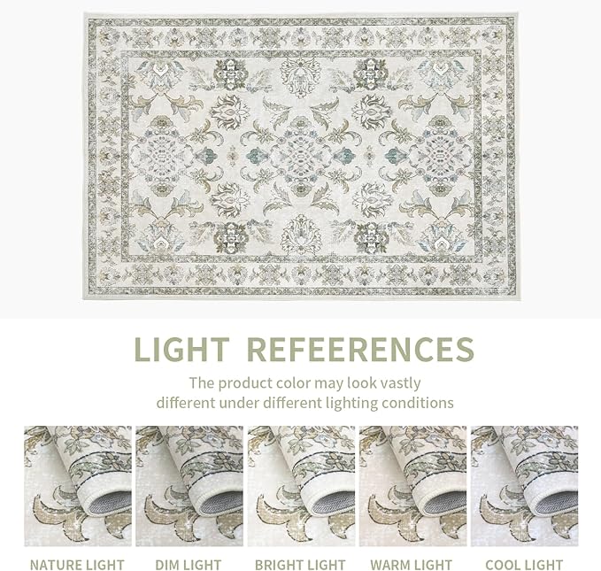8x10 Washable Area Rugs Beige and Sage Green Vintage Boho Floral Farmhouse Rug for Living Room Bedroom, Non Slip Low Pile Carpet