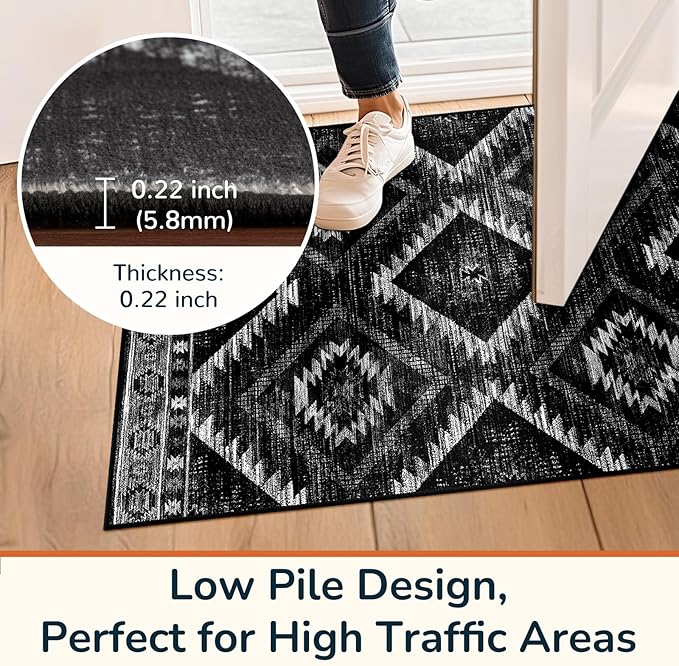 Area Rug 2x6 Rug Machine Washable Non-Slip Low Pile Print Pattern Western Rug for Living Room Bedroom Entryway Tribal Series-Black