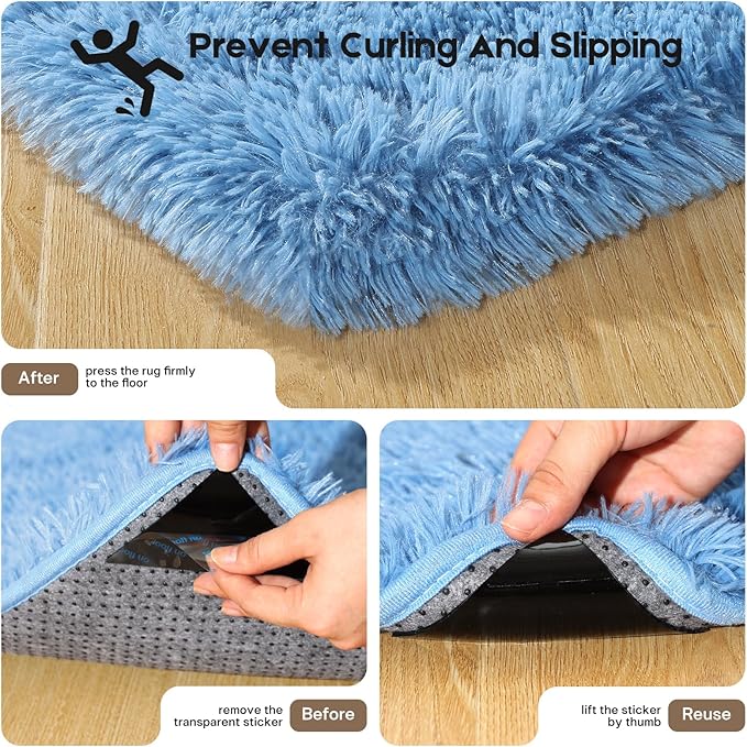 2x3 Blue Rugs for Bedroom Living Room, Fluffy Small Area Rug Soft Shag Carpet for Kids Boys and Girls Room with 4 Rugs Non-Slip Stickers Dorm Home Decor (2ft x 3ft)