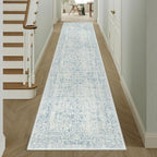 Blue Runner Rug 3x8 Hallway Machine Washable Kitchen Vintage Distressed Non Slip Long Carpet Indoor Retro Floral Bedroom Accent Throw Rug for Bathroom Office Laundry Dining Room