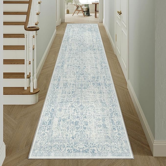 Blue Runner Rug 2x10 Hallway Machine Washable Kitchen Vintage Distressed Non Slip Long Carpet Indoor Retro Floral Bedroom Accent Throw Rug for Bathroom Office Laundry Dining Room