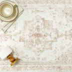 Area Rug 10x14 Cream Washable Living Room Beige Carpet Non Slip Vintage Medallion Indoor Bedroom Beige Carpet Low Pile Soft Retro Distressed Large Rug Home Office Dining Room Playroom