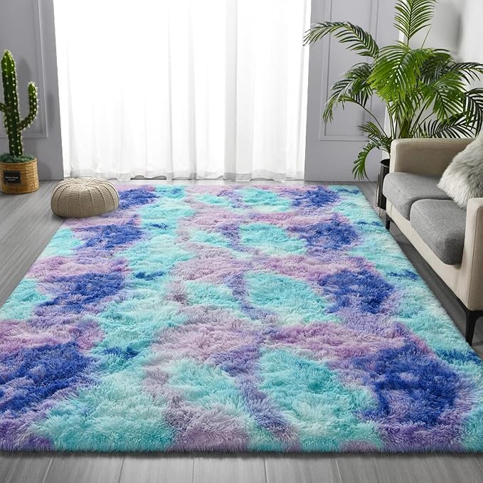 Large Shag Area Rugs 5 x 8, Tie-Dyed Plush Fuzzy Rugs for Living Room, Ultra Soft Fluffy Furry Rug for Bedroom, Indoor Carpet Nursery Rugs for Kids Room Home Decor, Rainbow