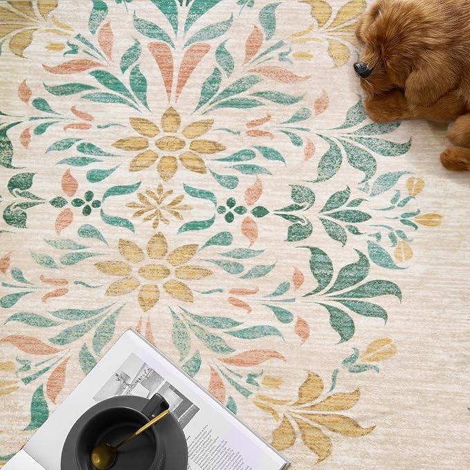 jinchan Round Rug 6ft Area Rugs Vintage Floral Distressed Design, Machine Washable Soft Non-Slip Low-Pile Ultra-Thin Circle Rug for Bedside Living Room Dining Room Bedroom (6' Round, Apricot Multi)