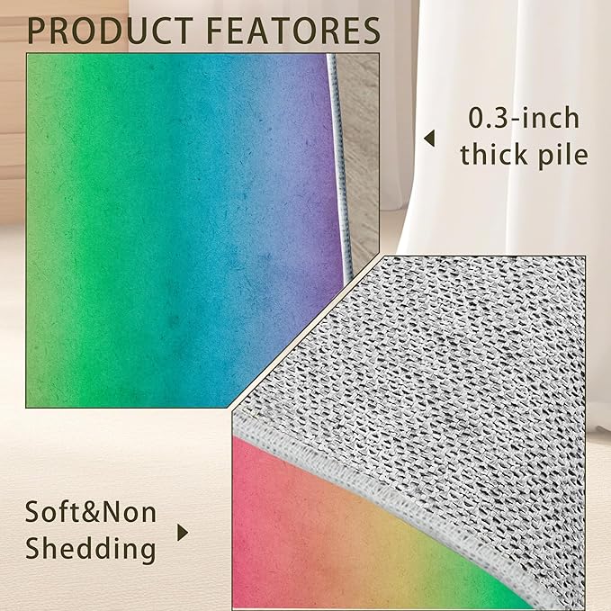 Rainbow Washable 3x5 Area Rugs for Living Room, Thin Low Pile Contemporary Carpet, Non-Slip Base Lightweight Rug