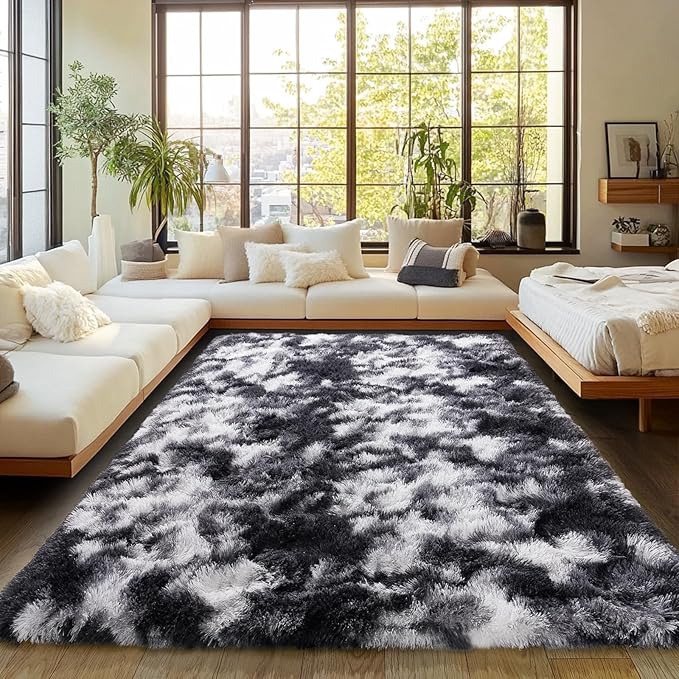 Plush Rug for Living Room Shaggy Area Rug High Pile Fuzzy Rug Non-Slip Indoor Floor Carpet Plush Area Rugs for Living Room Tie Dye Black White 5x7