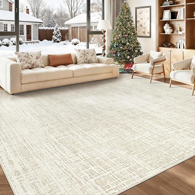 9x12 Area Rugs for Living Room, Washable Large Area Rug Neutral Modern Abstract Bedroom Rug Soft Non Slip Low Pile Stain Resistant Indoor Carpet for Kids Playroom Dining Room Office(Beige, 9'x12')