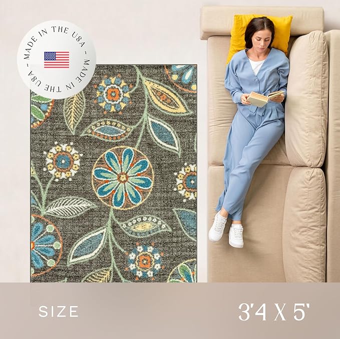 Maples Rugs Reggie Floral Area Rug - Made in USA - Washable, Non Slip, Pet-Friendly Mats for Living Room, Bedroom, and Office, 3'4 x 5, Dark Grey