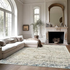 Washable Area Rug 8x10, Large Soft Rugs for Living Room Vintage 8x10 Area Rugs for Bedroom Dining Room Non-Slip Stain Resistant Under Table Blue Ivory Rug