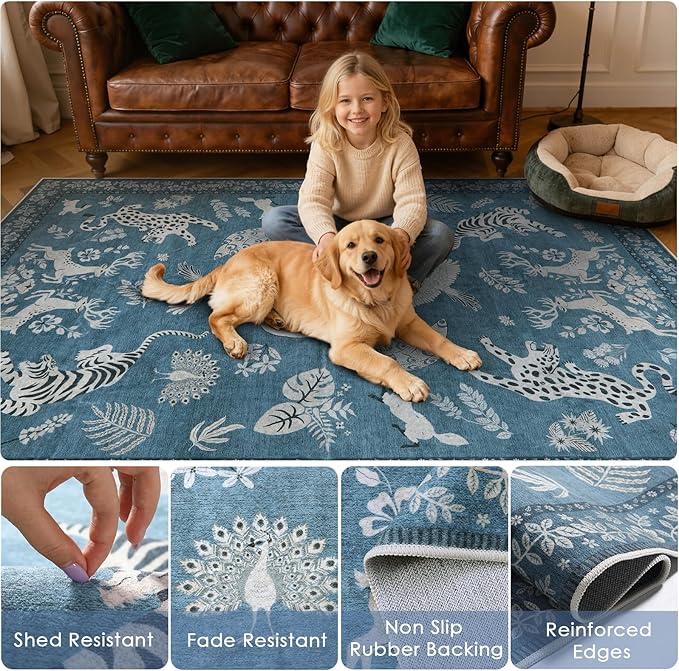 Moynesa Animal Area Rugs 8x10, Washable Luxurious Vintage Boho Blue Area Rug for Living Room Bedroom Dining Room Office Playroom, Foldable Low Pile Soft Non-Slip Carpets for Indoor